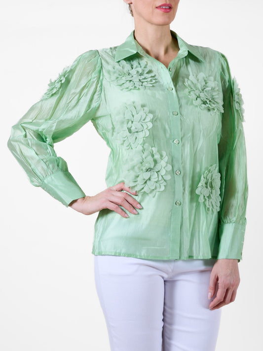 Green Button-Up Blouse with Fabric Flower Detailing
