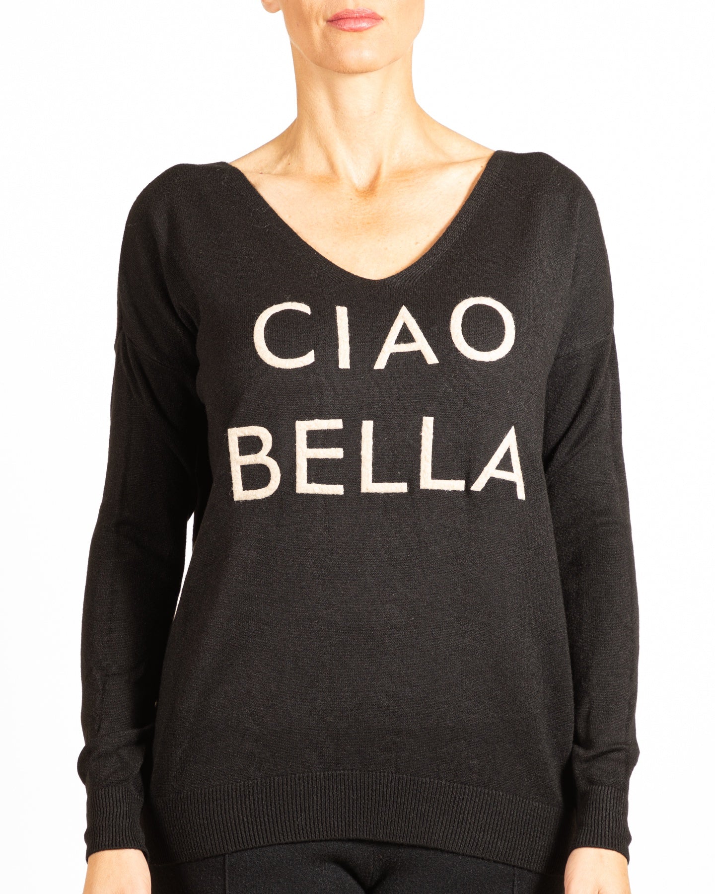 Pull noir profond VNck Drp avec détails côtelés sur les épaules CIAO BELLA