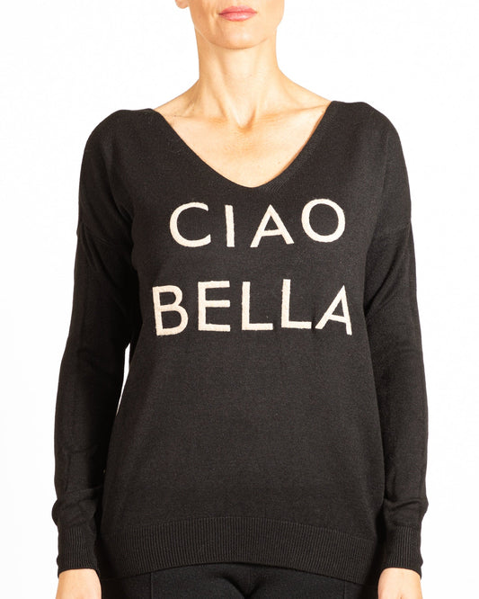 Pull noir profond VNck Drp avec détails côtelés sur les épaules CIAO BELLA