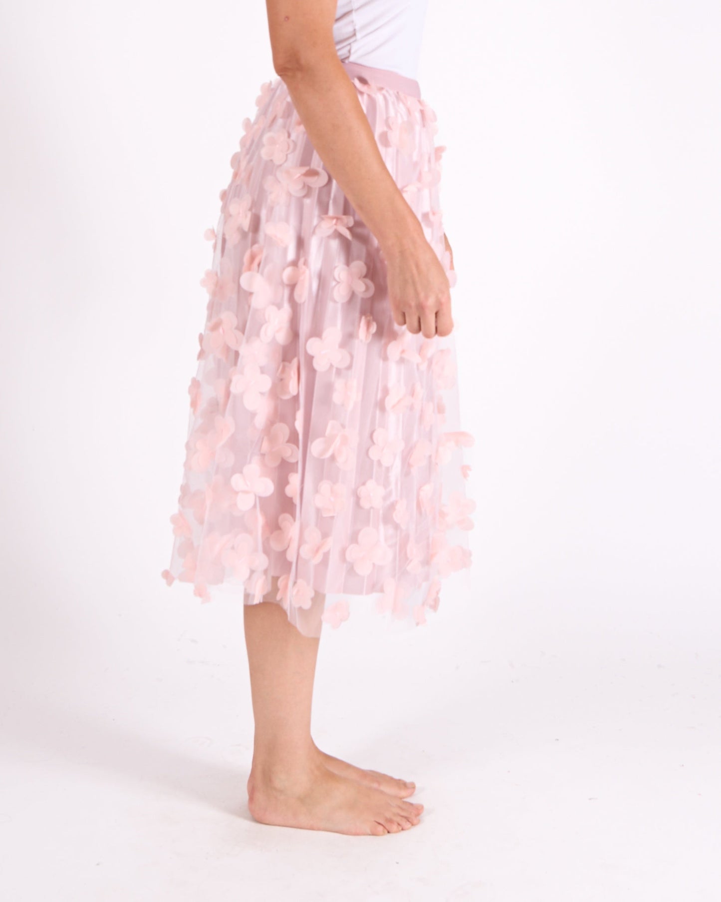 Rose Pull on Allover Floral Applique Mesh Skirt