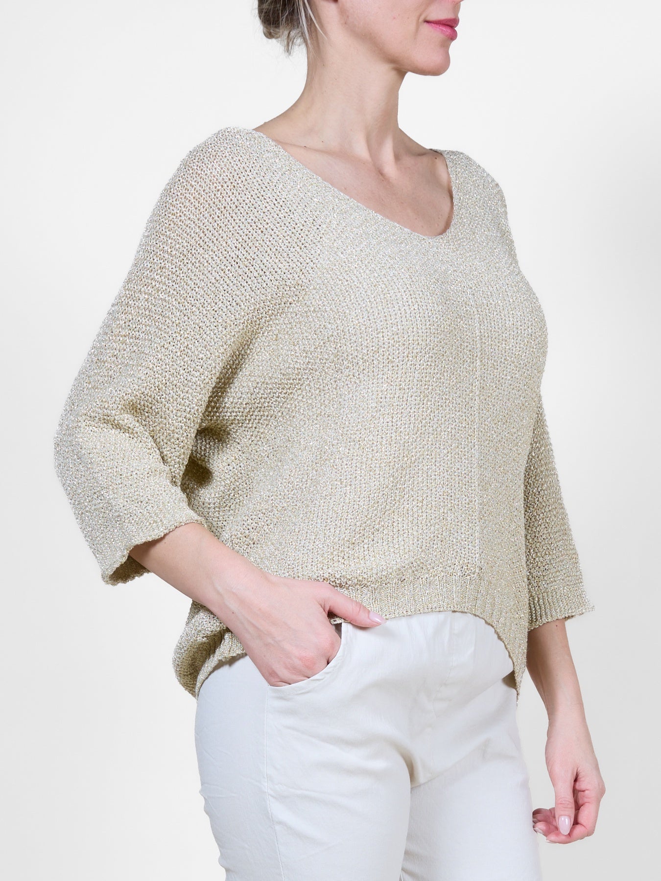 Gold Lurex Pull-On Sweater with 3/4 Sleeves
