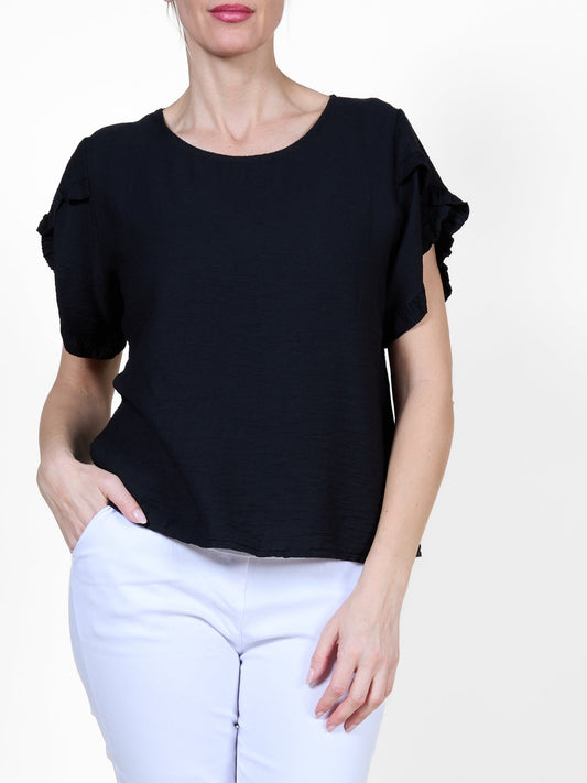 Black Short Sleeve Top with Ruffled Sleeves