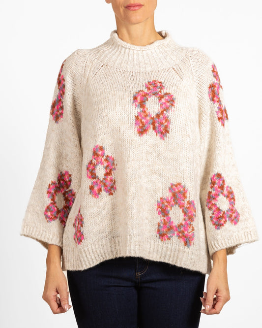 Oatmeal Mock Neck 3/4 Sleeve Floral Sweater