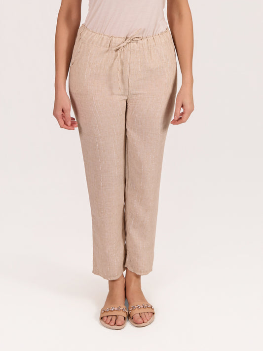 Pantalon beige en mélange de lin à enfiler avec fil lurex
