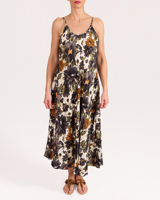 Robe maxi noire à fines bretelles avec imprimé floral