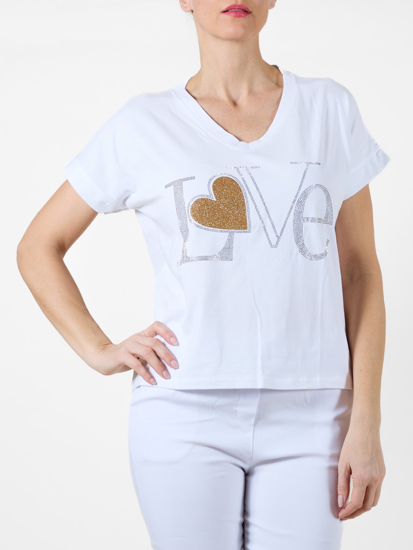 White T-Shirt with Gemstone "LOVE" Design