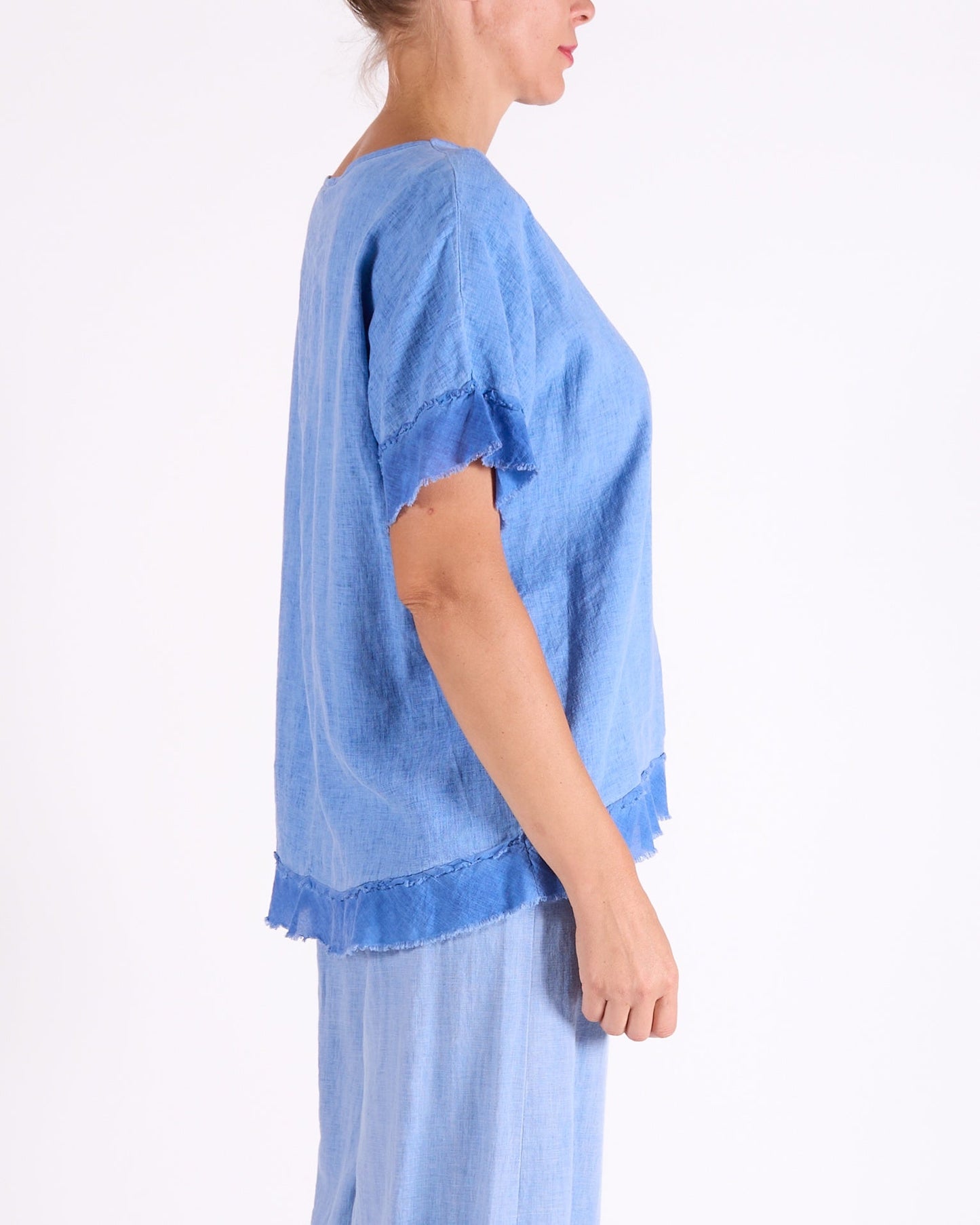 Ocean Blue Scoop Neck Raw Edge Hem Trim Top