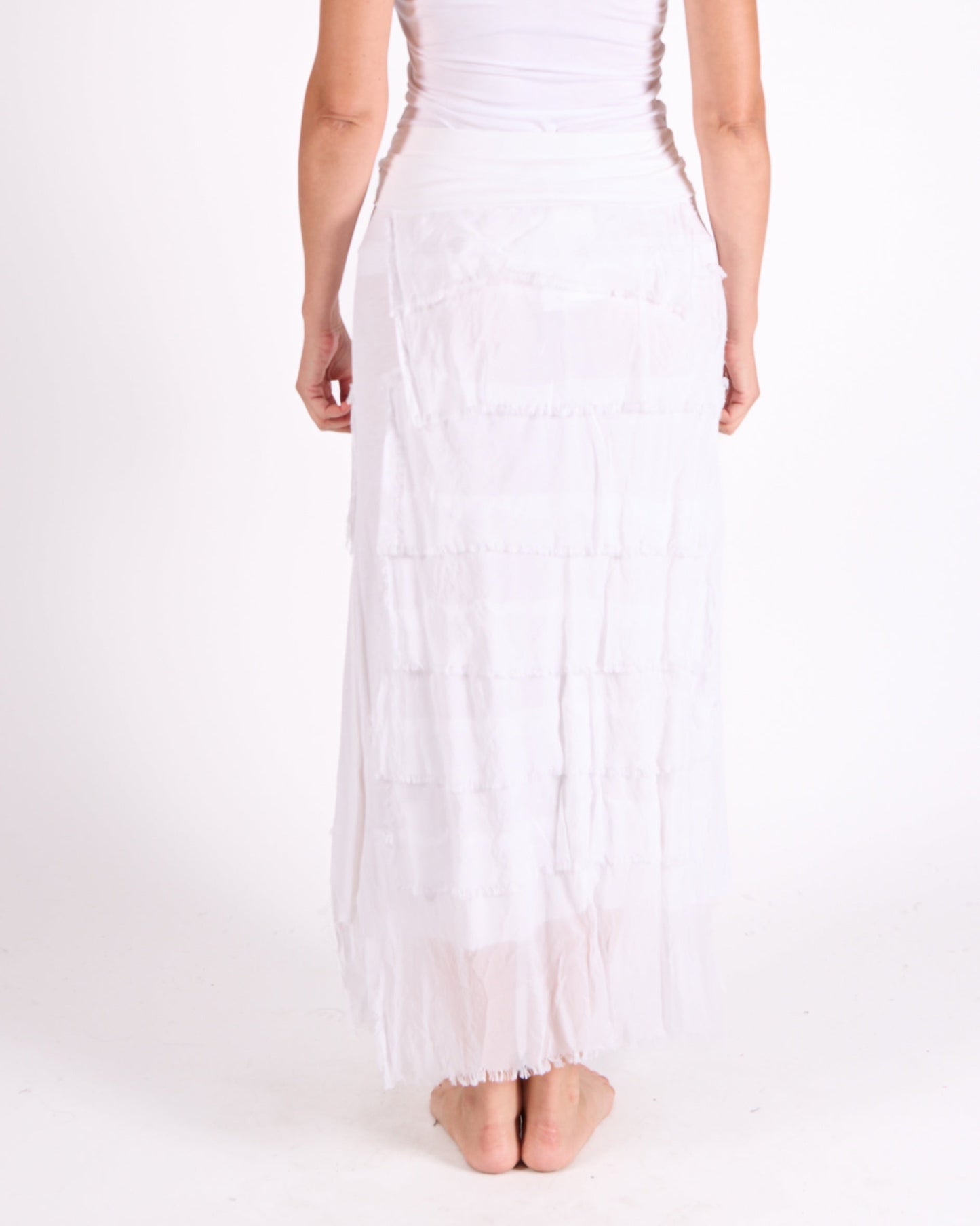White Fold Over Waist Band Raw Edge Multi Layer Skirt