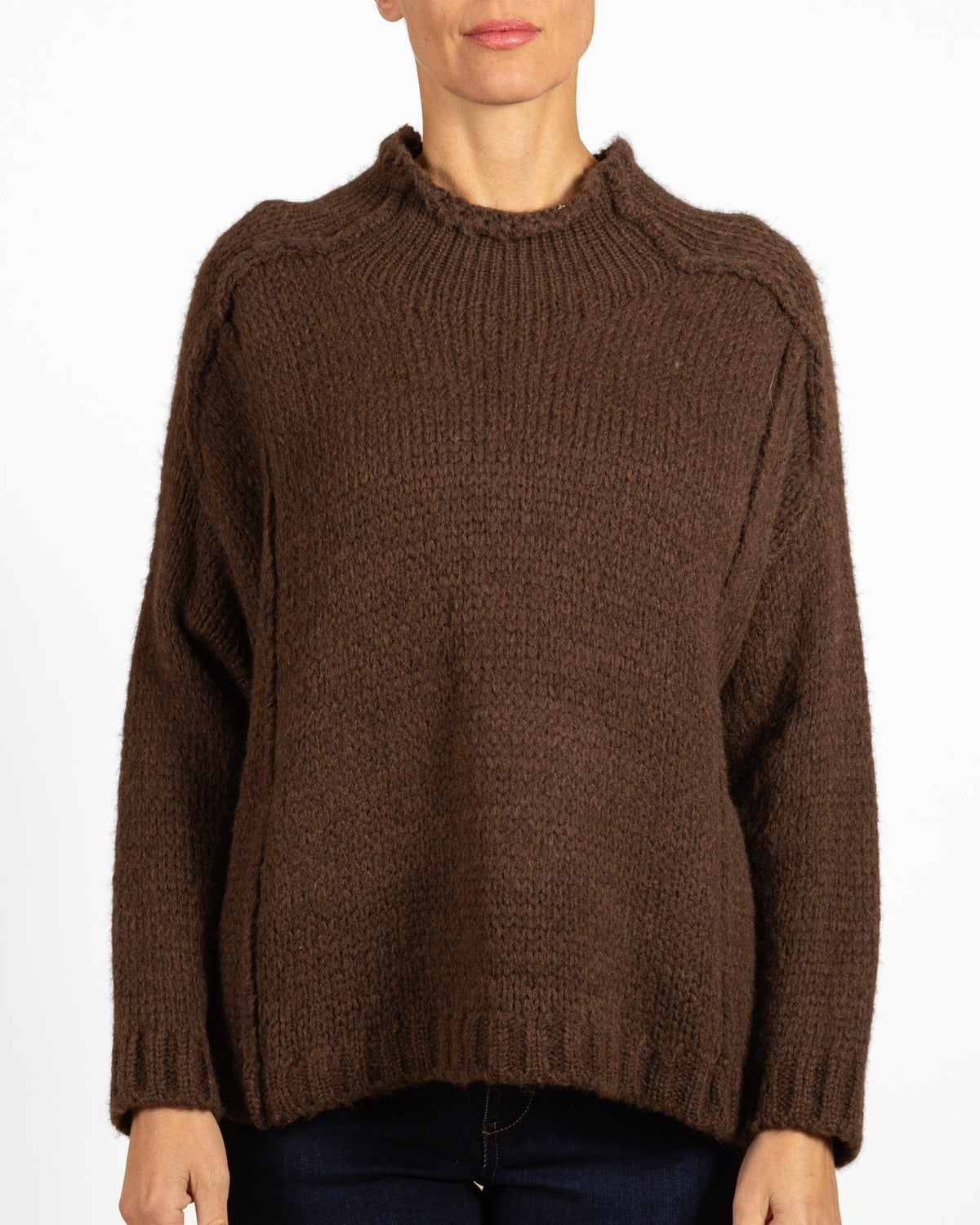 Espresso Mock Nek Reverse Side Seam Sweater