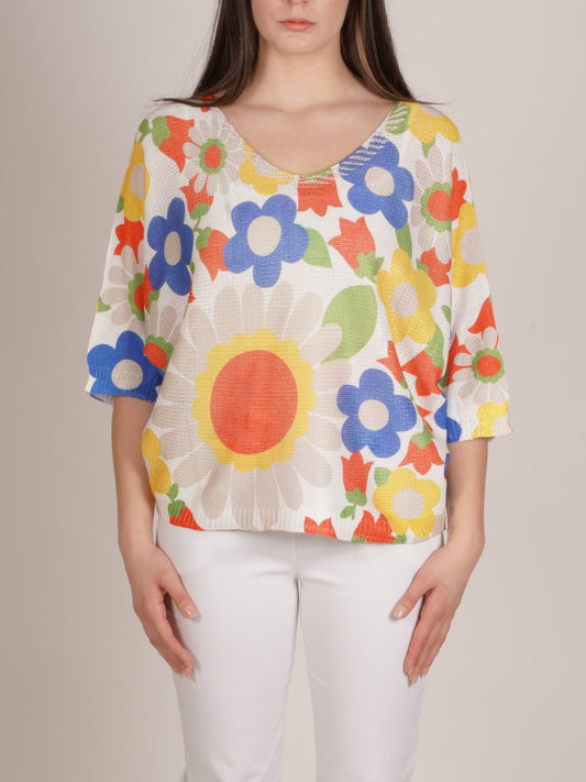 Pull blanc à col rond et imprimé marguerites