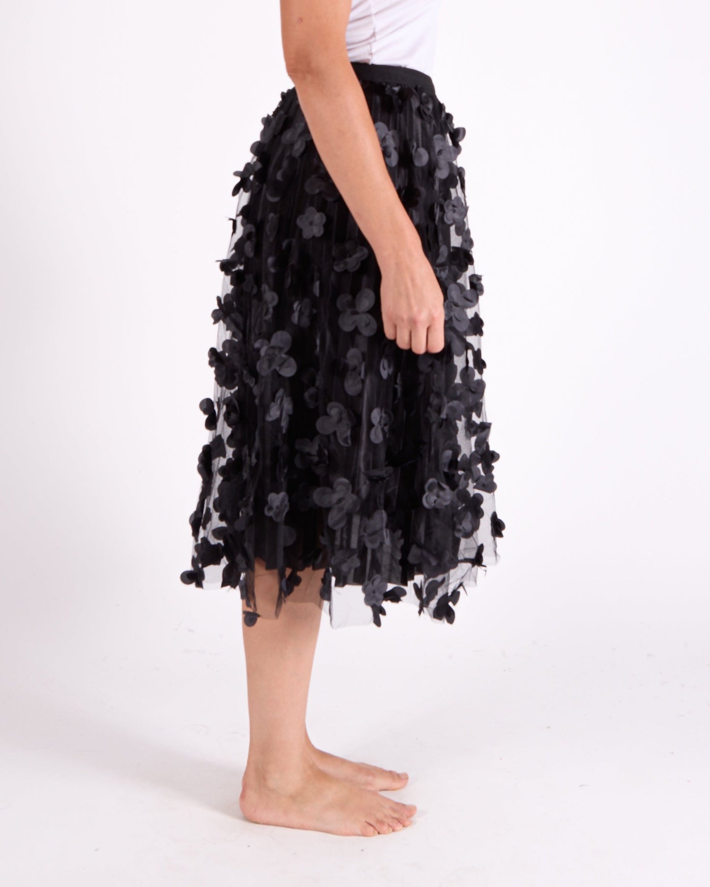 Black Pull on Allover Floral Applique Mesh Skirt