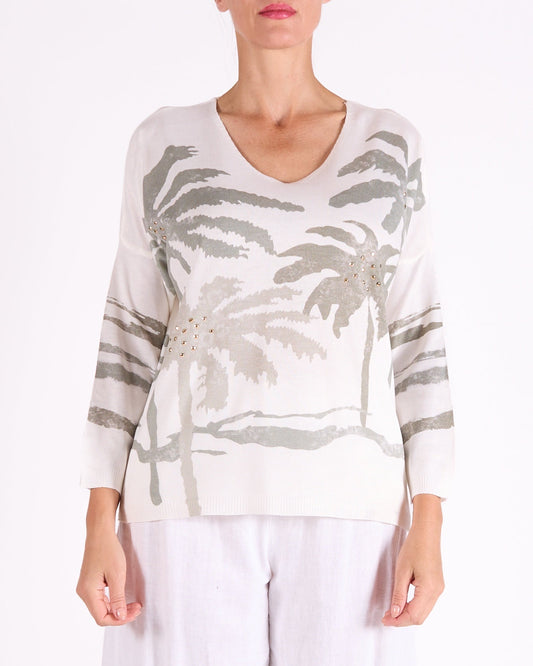 Khaki Drop Shoulder V Neck Palm Tree Studded Pullover