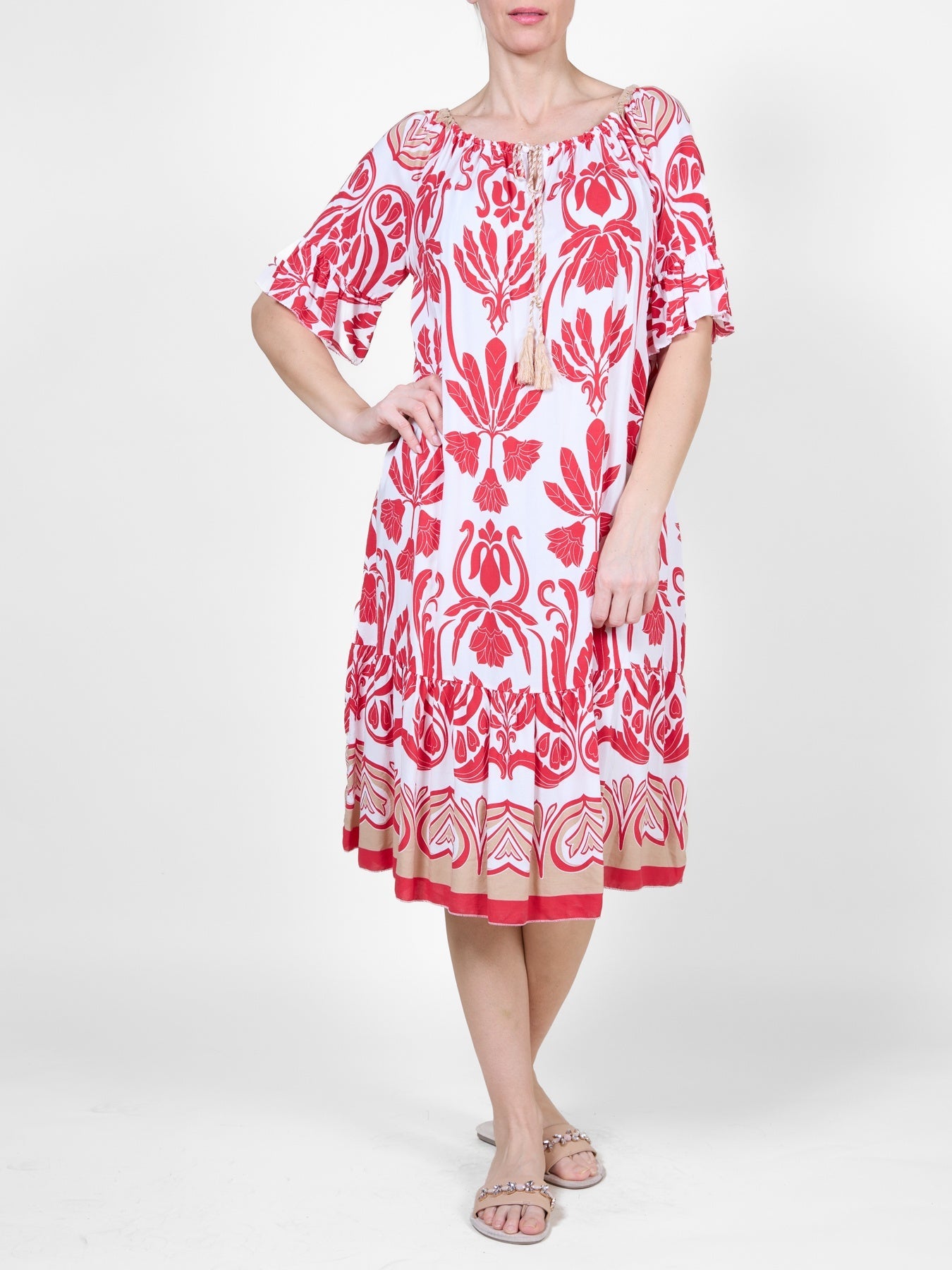 Red Mid-Length Dress with Ruffled Bottom and Sleeves, Tropical Print