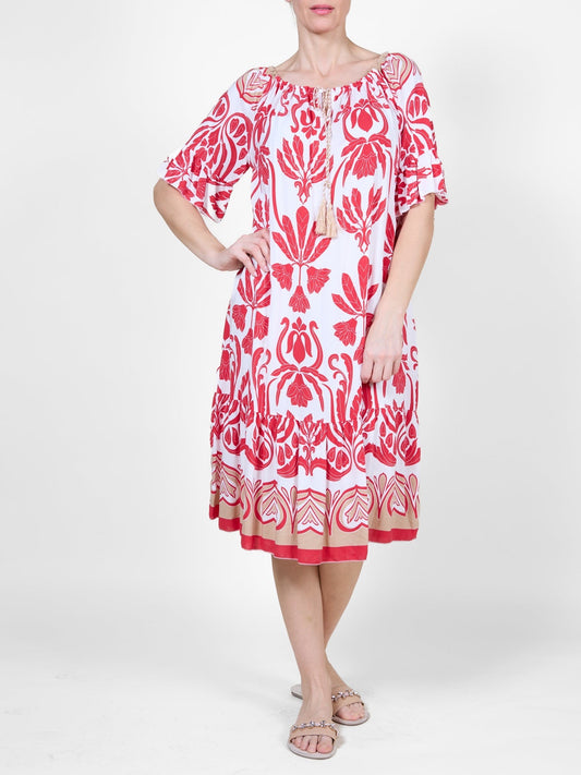 Red Mid-Length Dress with Ruffled Bottom and Sleeves, Tropical Print