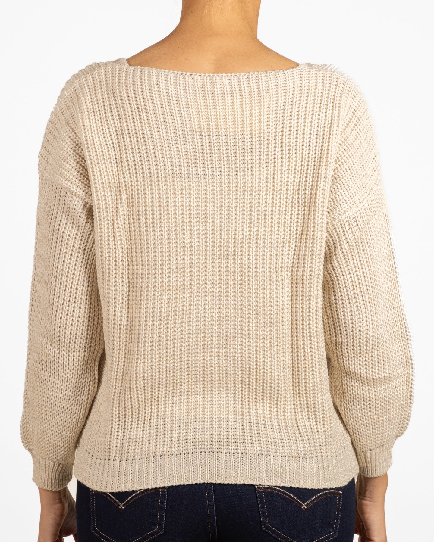 Beige V-Neck Cable Knit Rib Combo Sweater