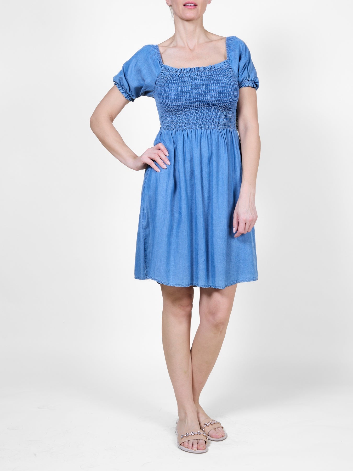 Dark Denim Dress with Stretch Bust and Poof Sleeves