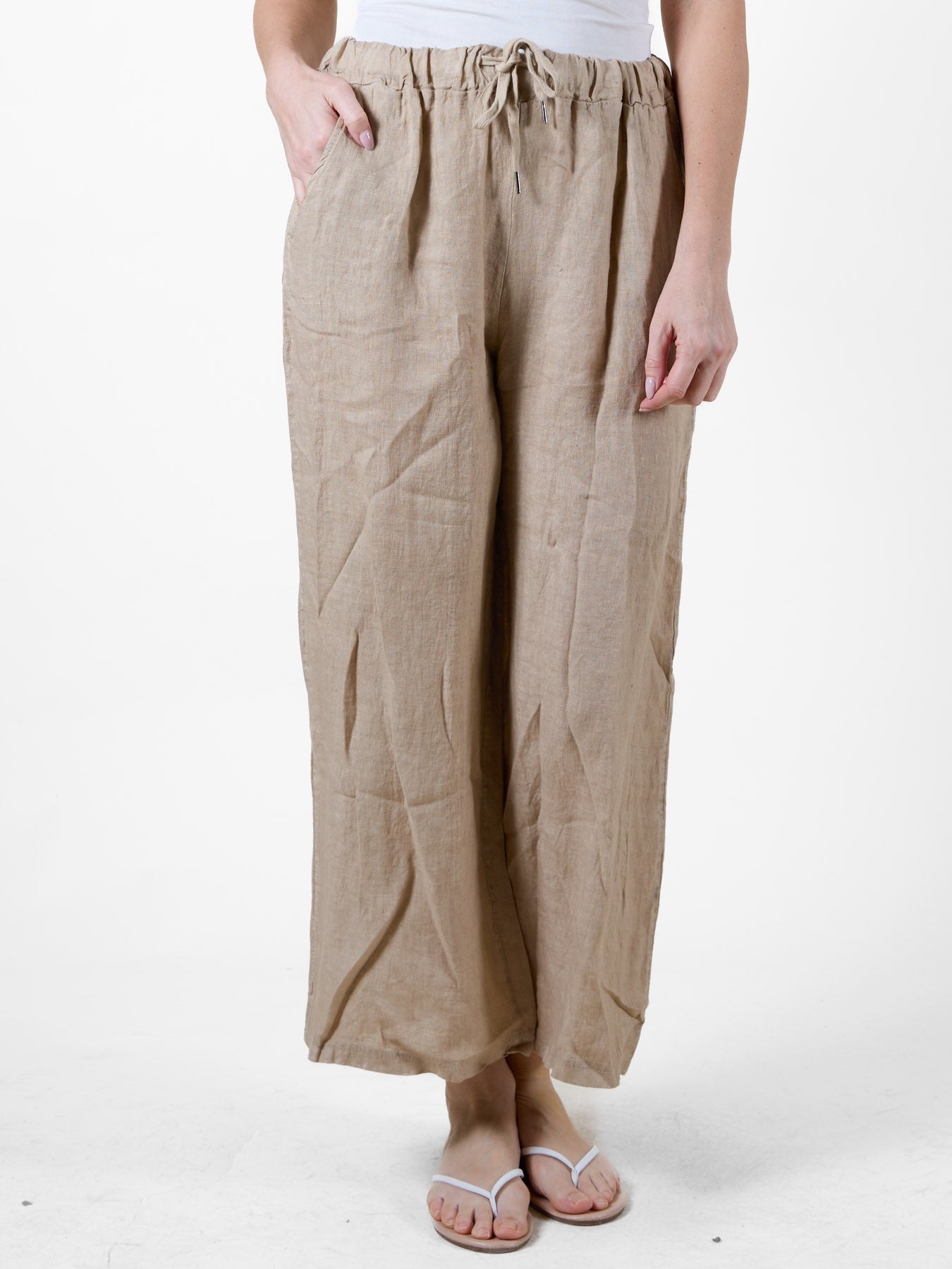 Pantalon de plage style lin sable avec taille à cordon