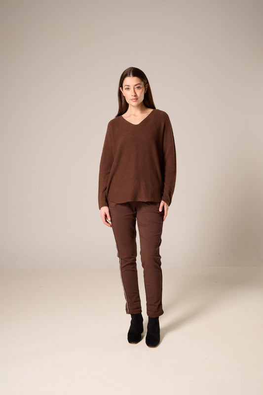 Lightweight Wide V-Neck Knit Sweater – Espresso