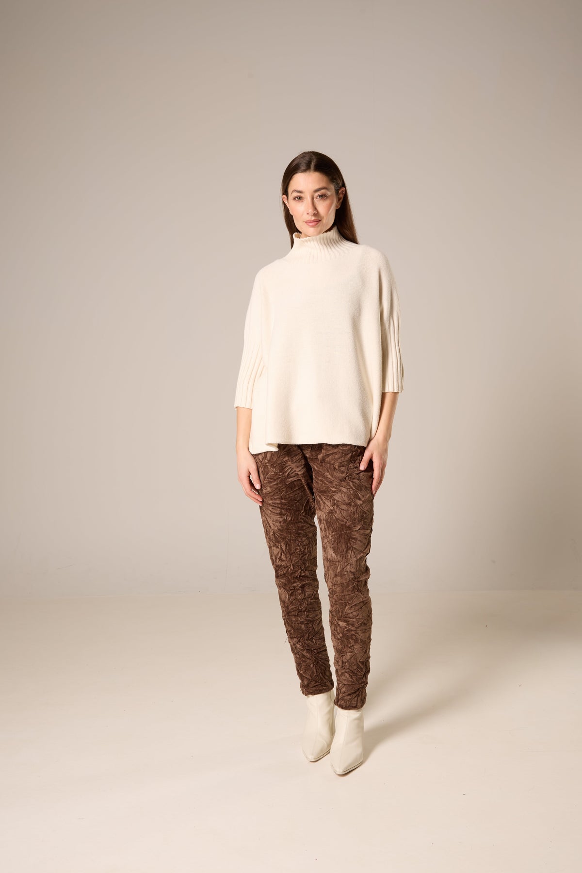 Oversized Cowl Neck Sweater with Ribbed Batwing Sleeves – Cream