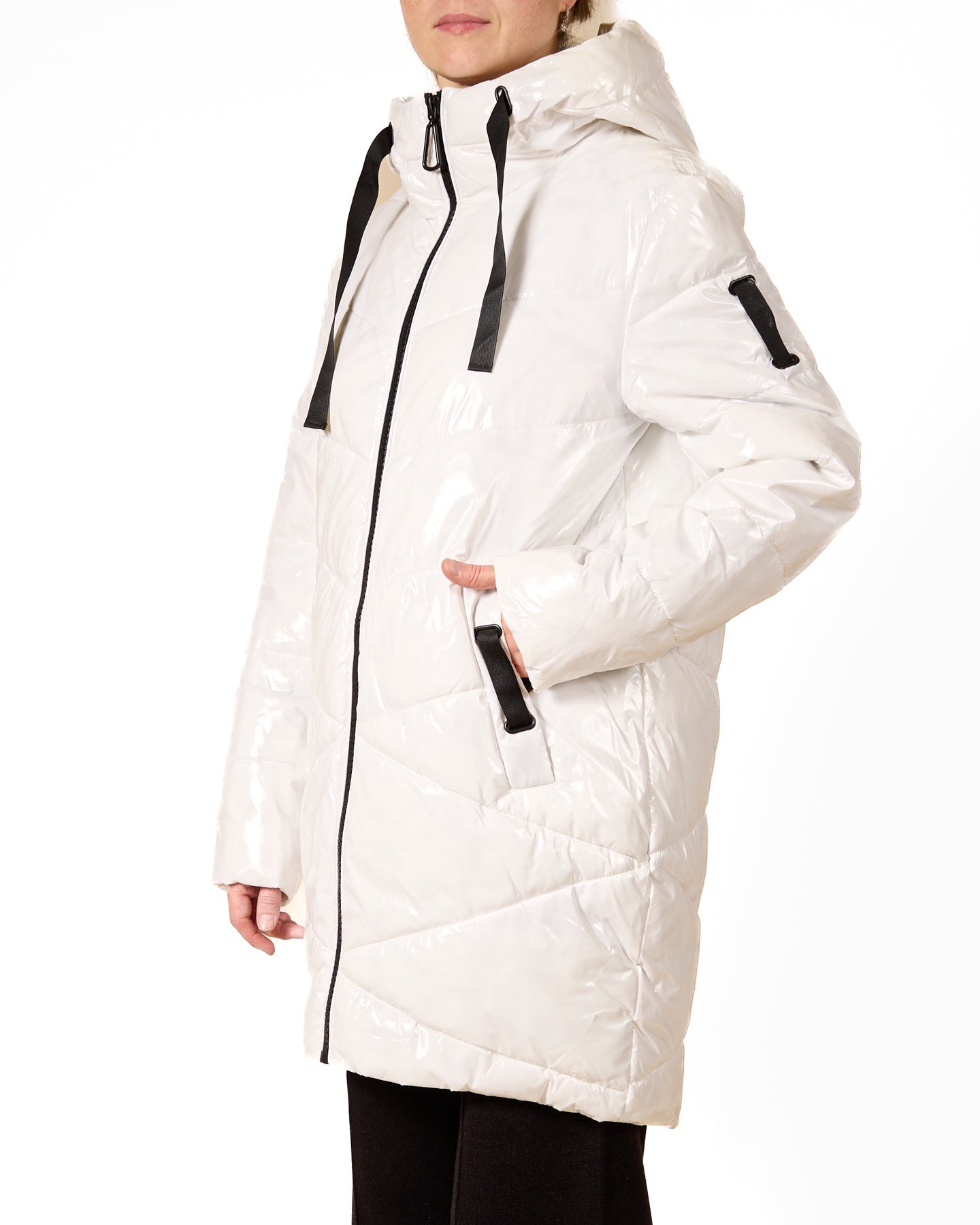 White Ribbon-Accent Long Puffer Coat