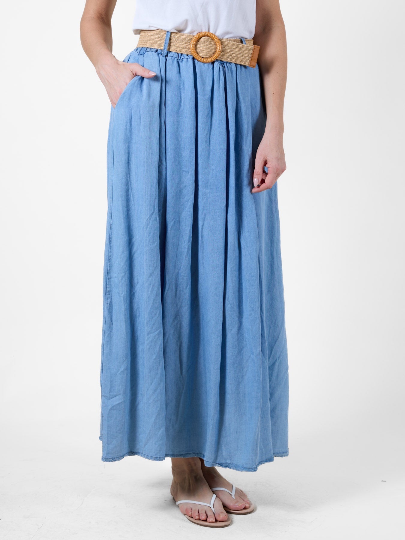 Lite Denim Maxi Skirt with Pockets and Tan Belt