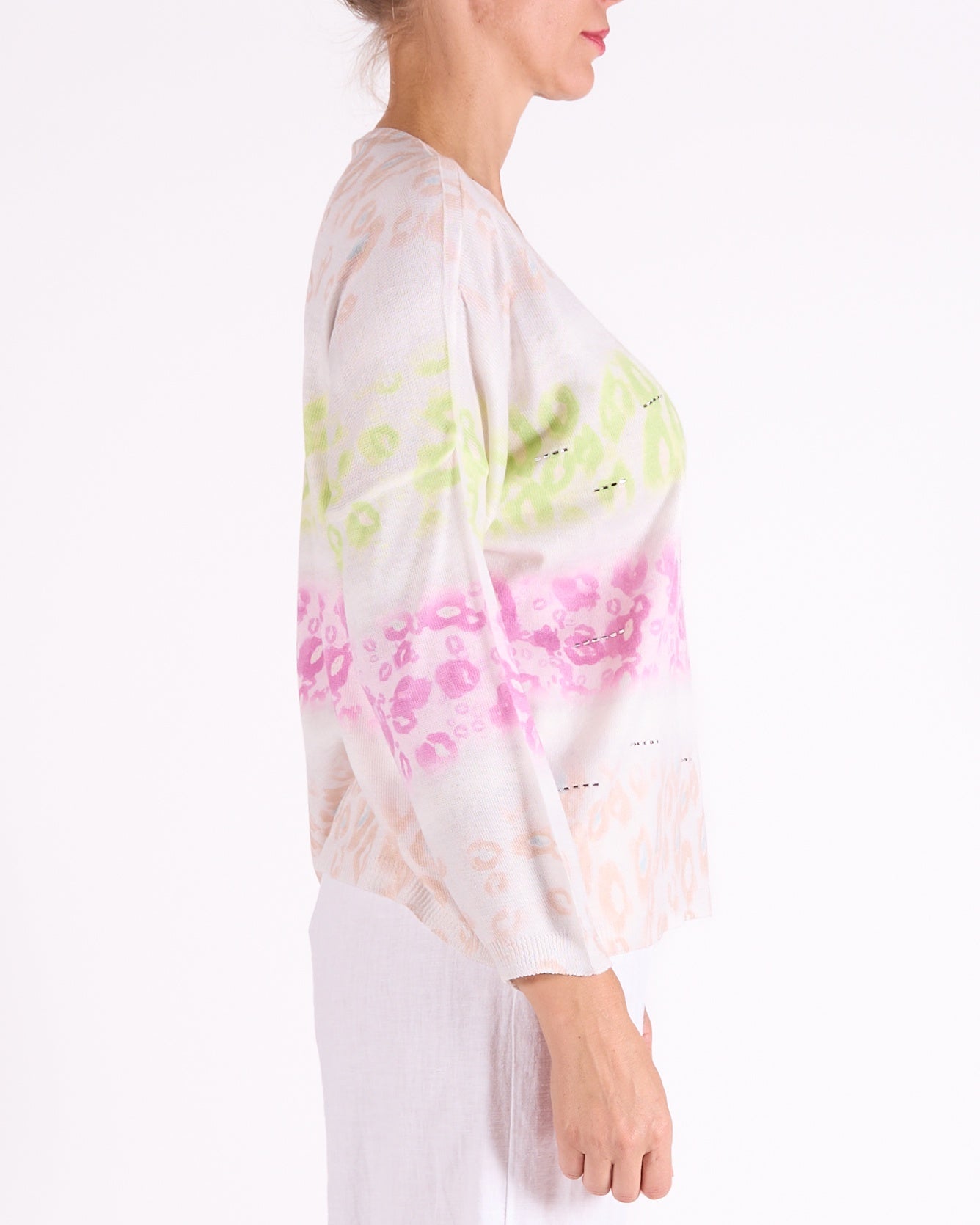 Strawberry V Neck Drop Shoulder Studded Multi Animal Print Pullover