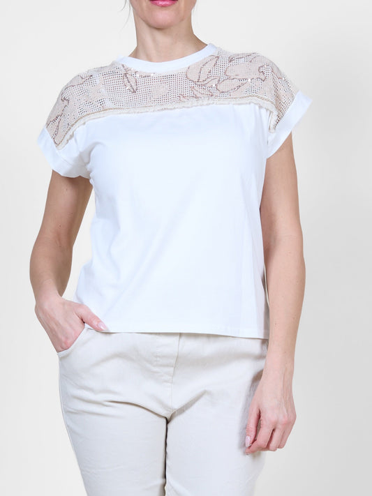 Ivory Combo Embroidered Mesh Knit Top