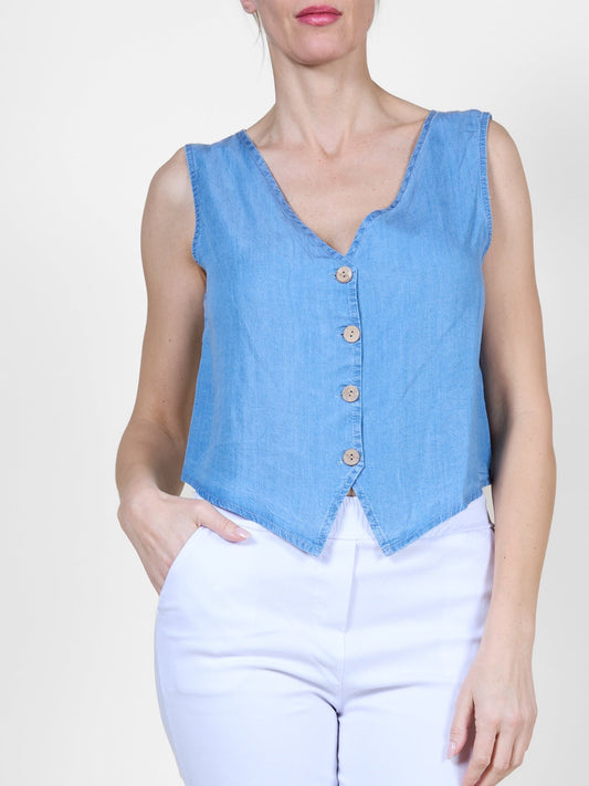 Gilet sans manches en denim foncé à boutons sur le devant