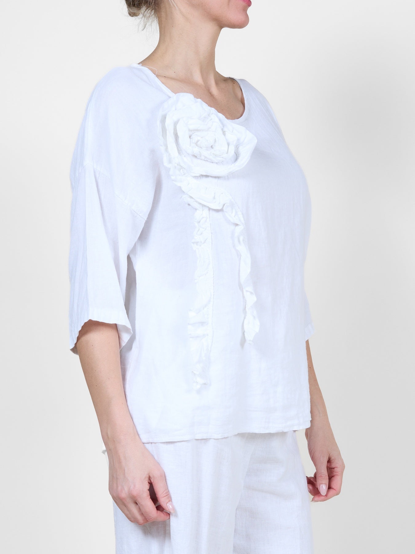 White Scoop Neck Floral Embellished Top