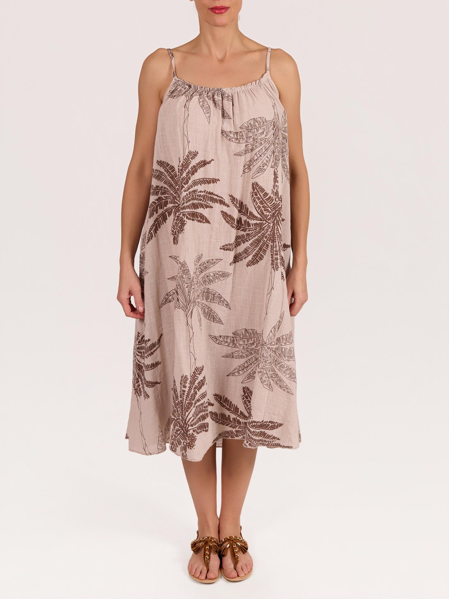 Robe Beige en Gaze à Bretelles Fines avec Imprimé Floral Palmier