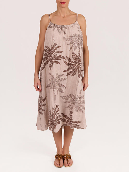 Robe Beige en Gaze à Bretelles Fines avec Imprimé Floral Palmier