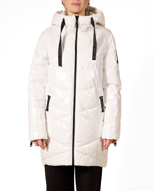 White Ribbon-Accent Long Puffer Coat