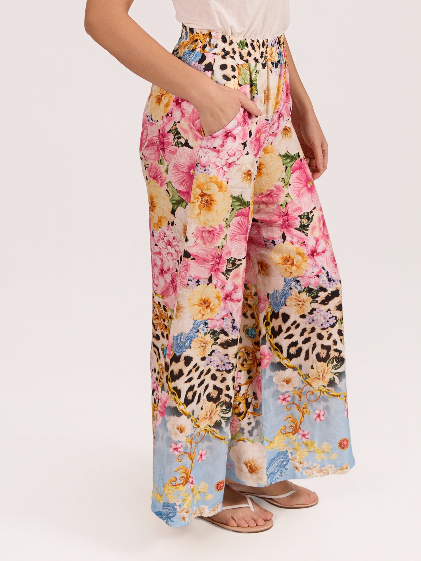 Pantalon Rose à Taille Élastique avec Imprimé Tigre Floral