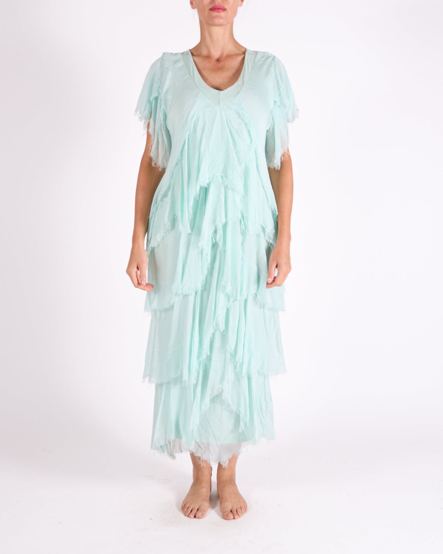 Seafoam Short Sleeve Raw Edge Multi Layer Sequin Neck Trim Maxi Dress