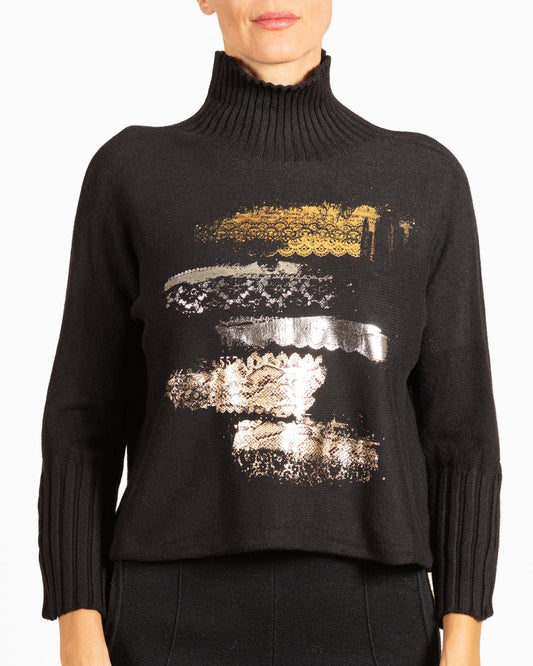 Pull à col roulé noir à imprimé napperon bicolore métallisé
