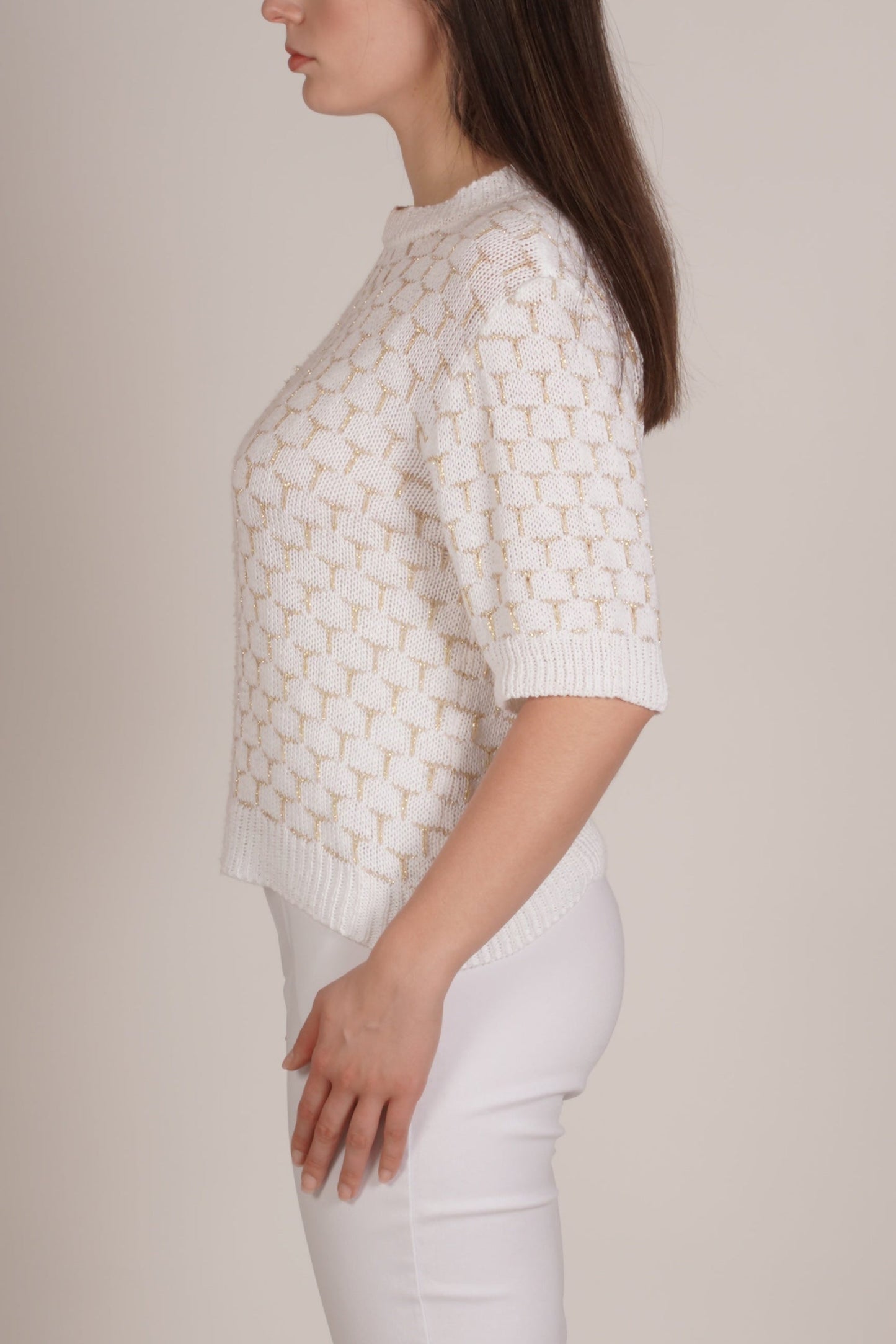 Pull blanc à manches courtes en maille avec motif géométrique hexagonal