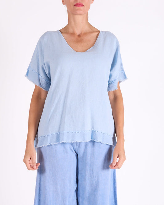 Sky Blue Scoop Neck Raw Edge Hem Trim Top