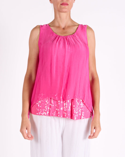 Cherry 2 Layer Sequin Inner Slip Built up Shoulder Tank Top