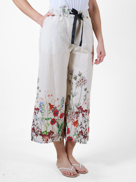Ivory Cropped Wide Leg Pants with Floral Print and Tie Waist