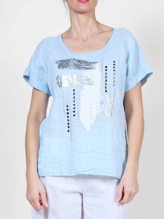 Airy Blue T-Shirt with Metallic Silver Brushstroke & Dot Design