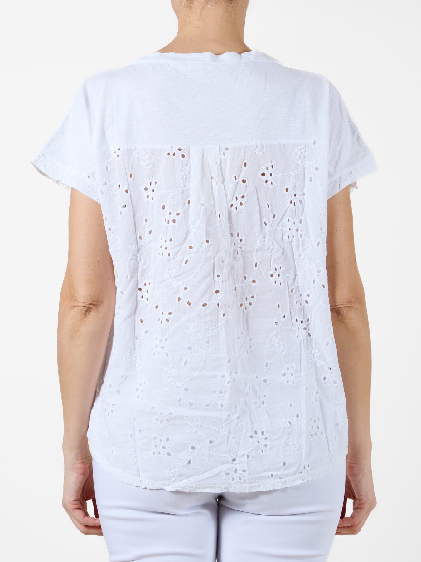 White T-Shirt with Floral Embroidered Pocket and Eyelet Back Panel