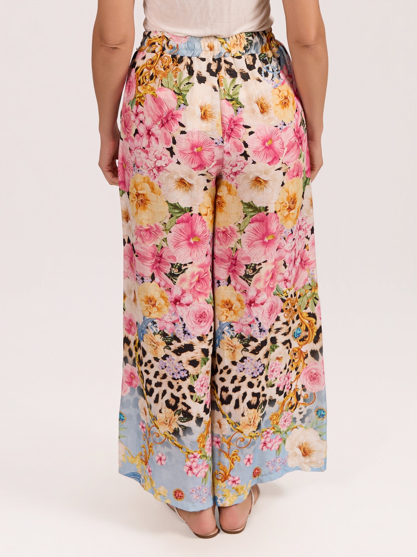 Pantalon Rose à Taille Élastique avec Imprimé Tigre Floral