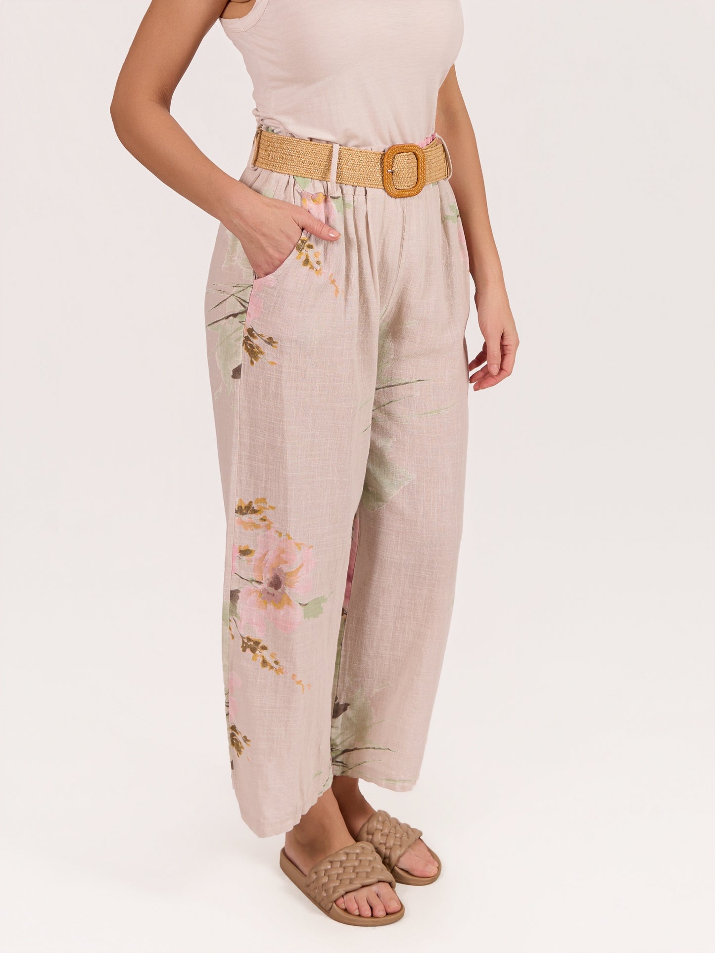 Pantalon Beige à Taille Élastique avec Cordon et Motif Floral
