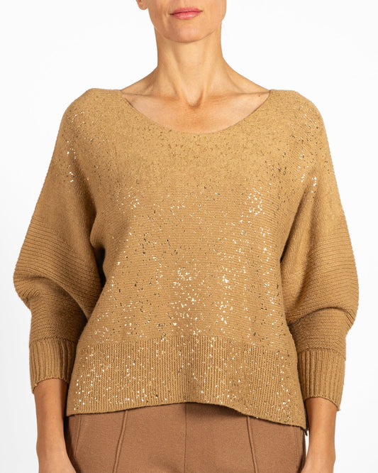 Pull à côtes camel et détails dorés sur le devant