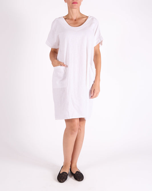 White Band V Neck 2 Pocket Dress