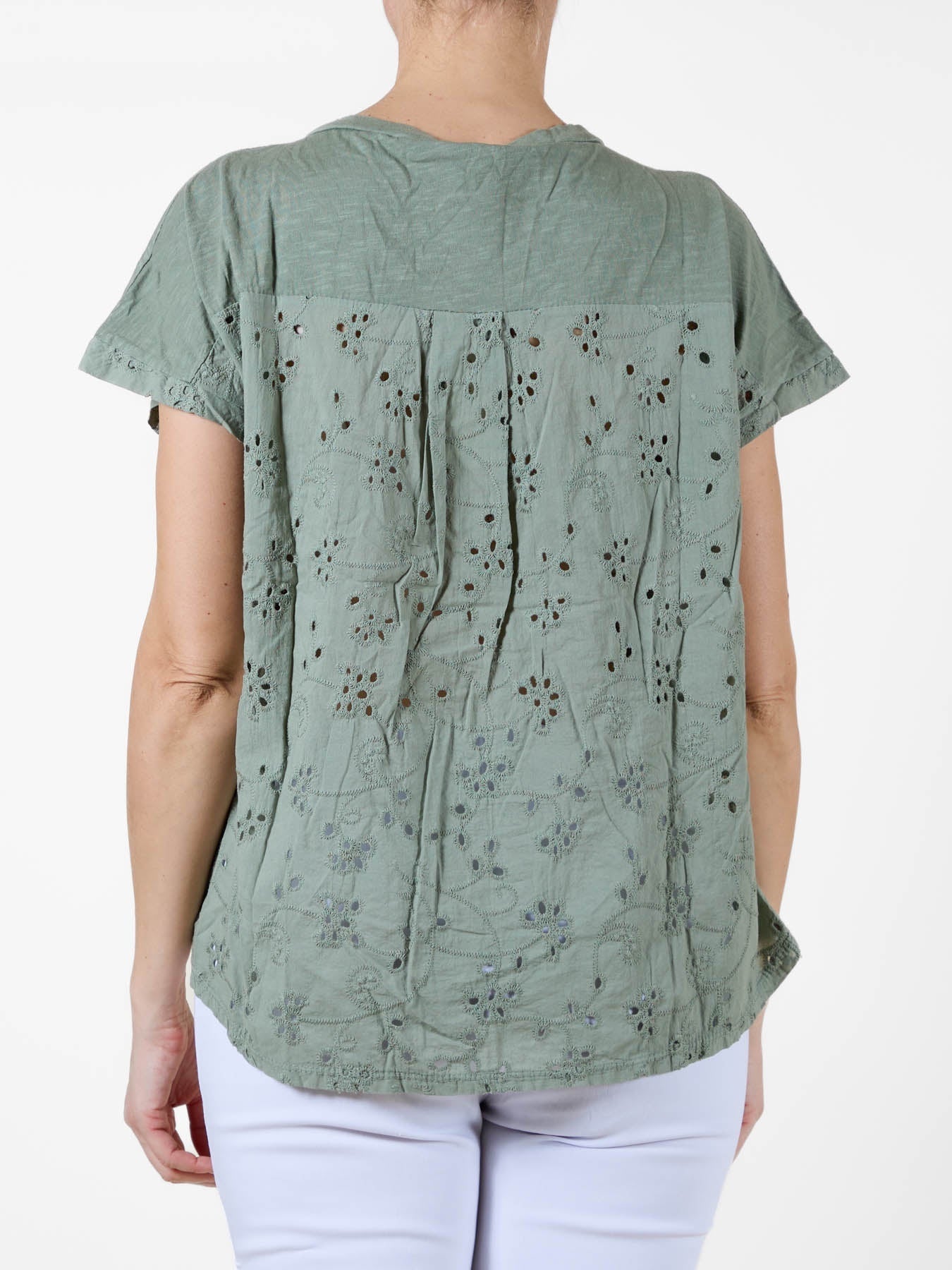 Palm T-Shirt with Floral Embroidered Pocket and Eyelet Back Panel