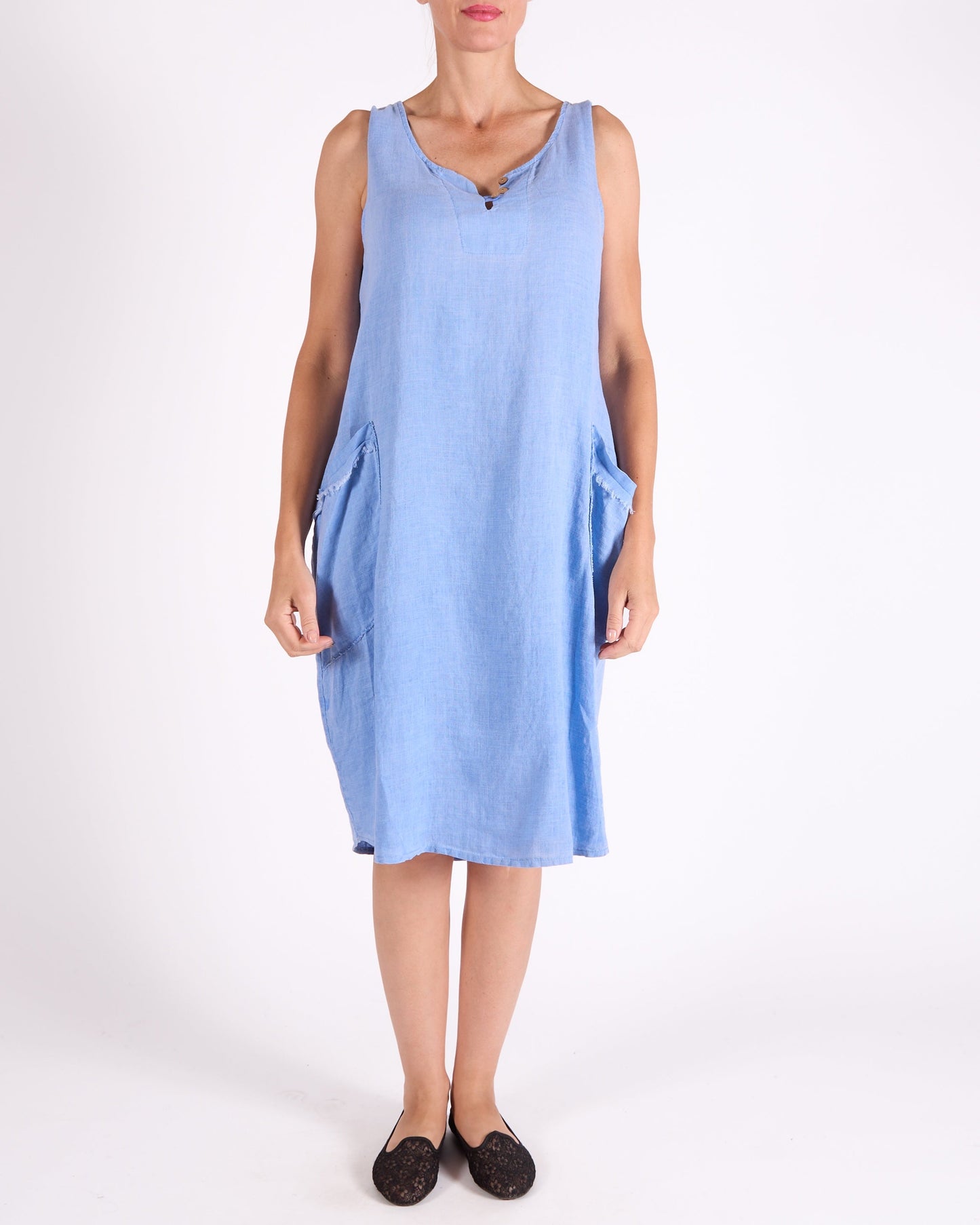 Ocean Blue Placket Front Sleeveless 2 Pocket Raw Edge Dress