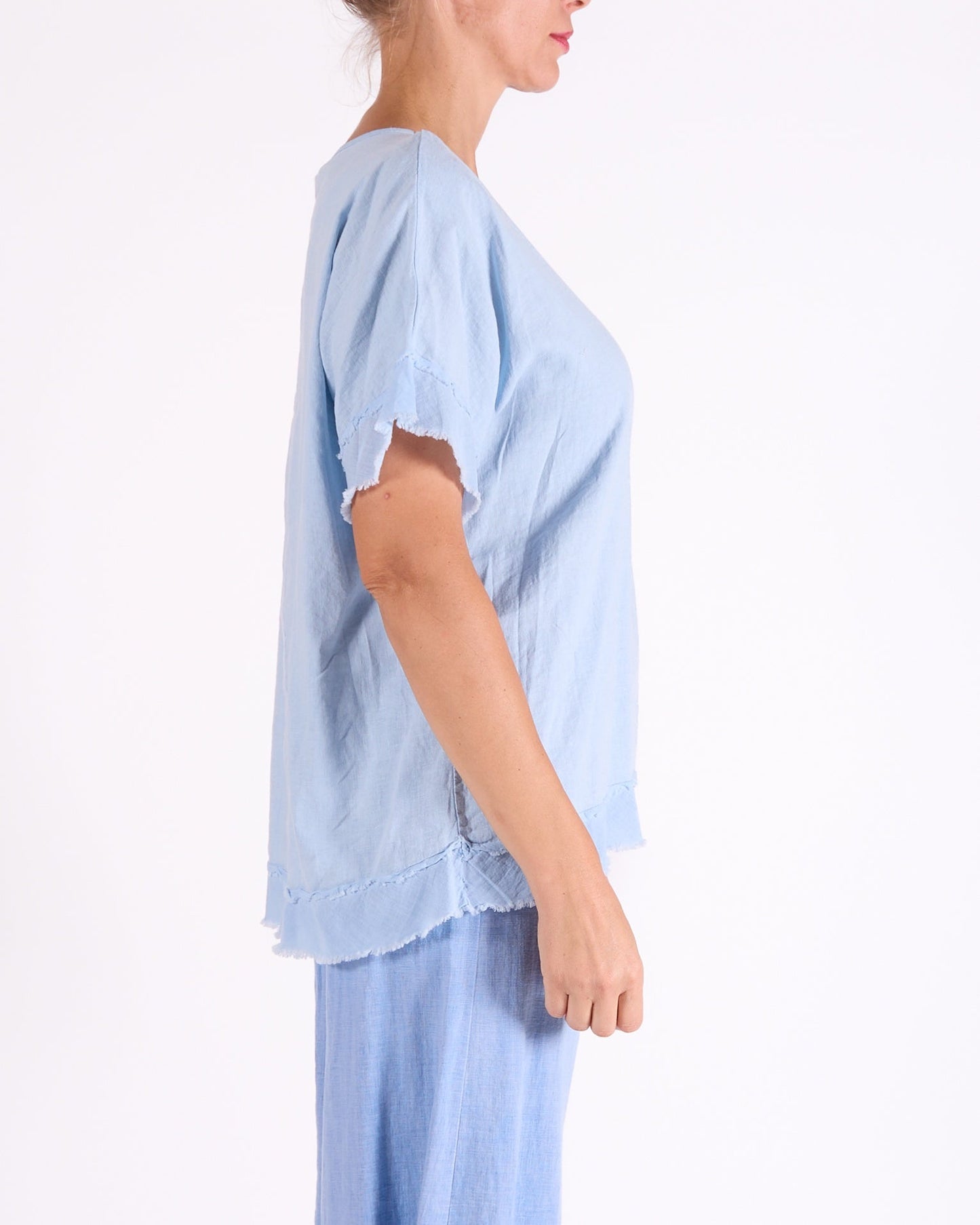 Sky Blue Scoop Neck Raw Edge Hem Trim Top