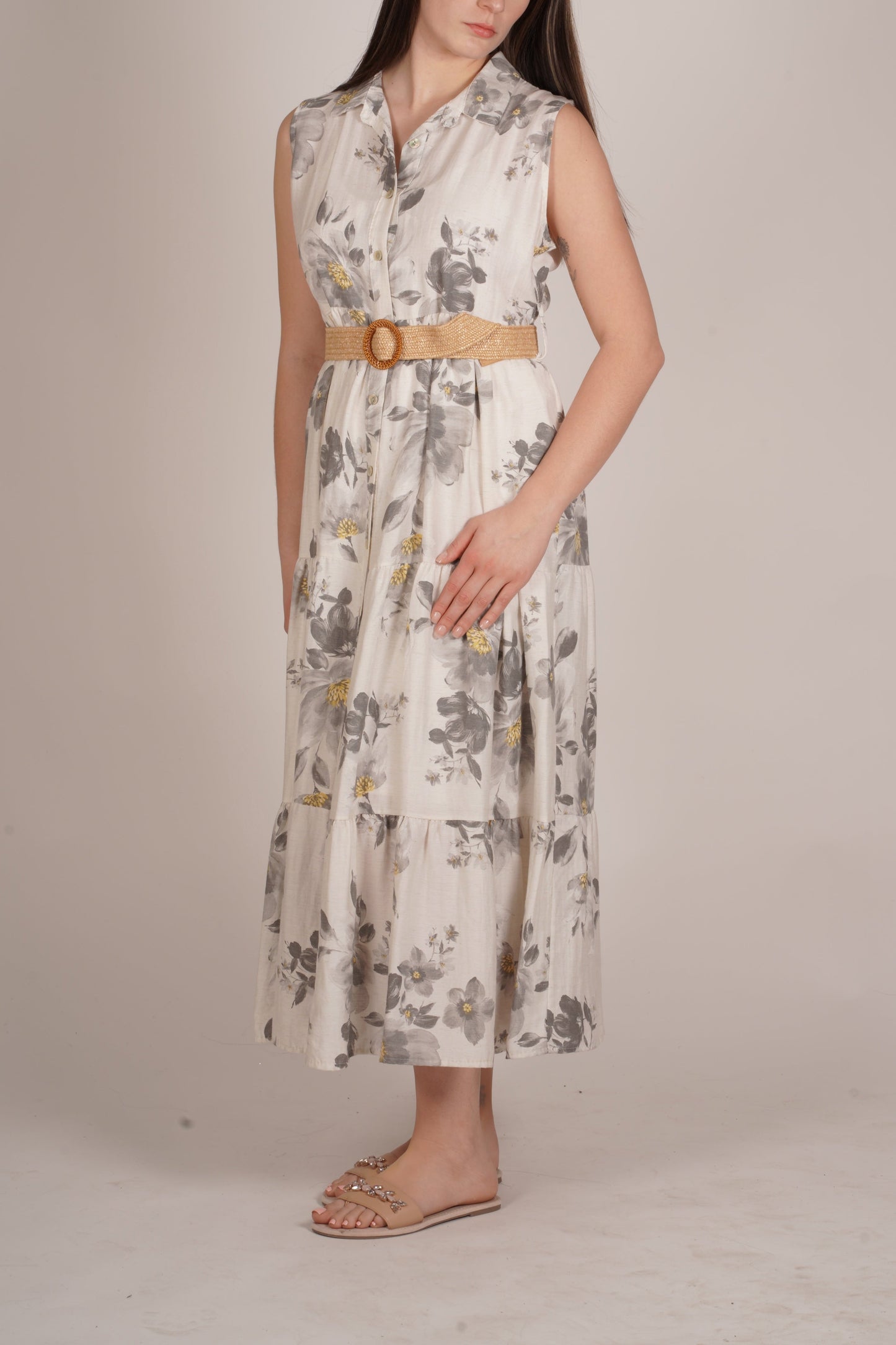 Robe sans manches boutonnée à imprimé floral pierre avec ceinture