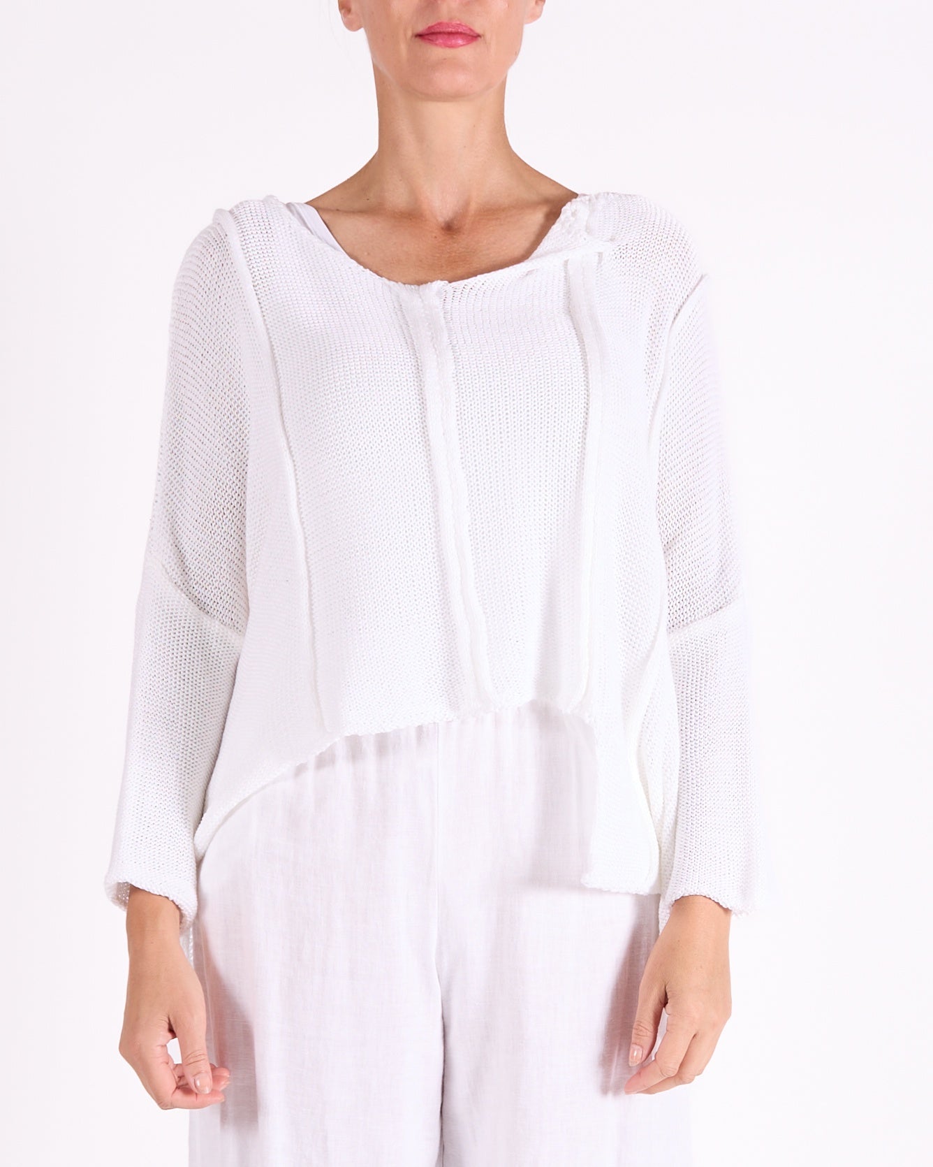 White Open Neck Hi Low Triple Combo Drop Shoulder Knit Sweater